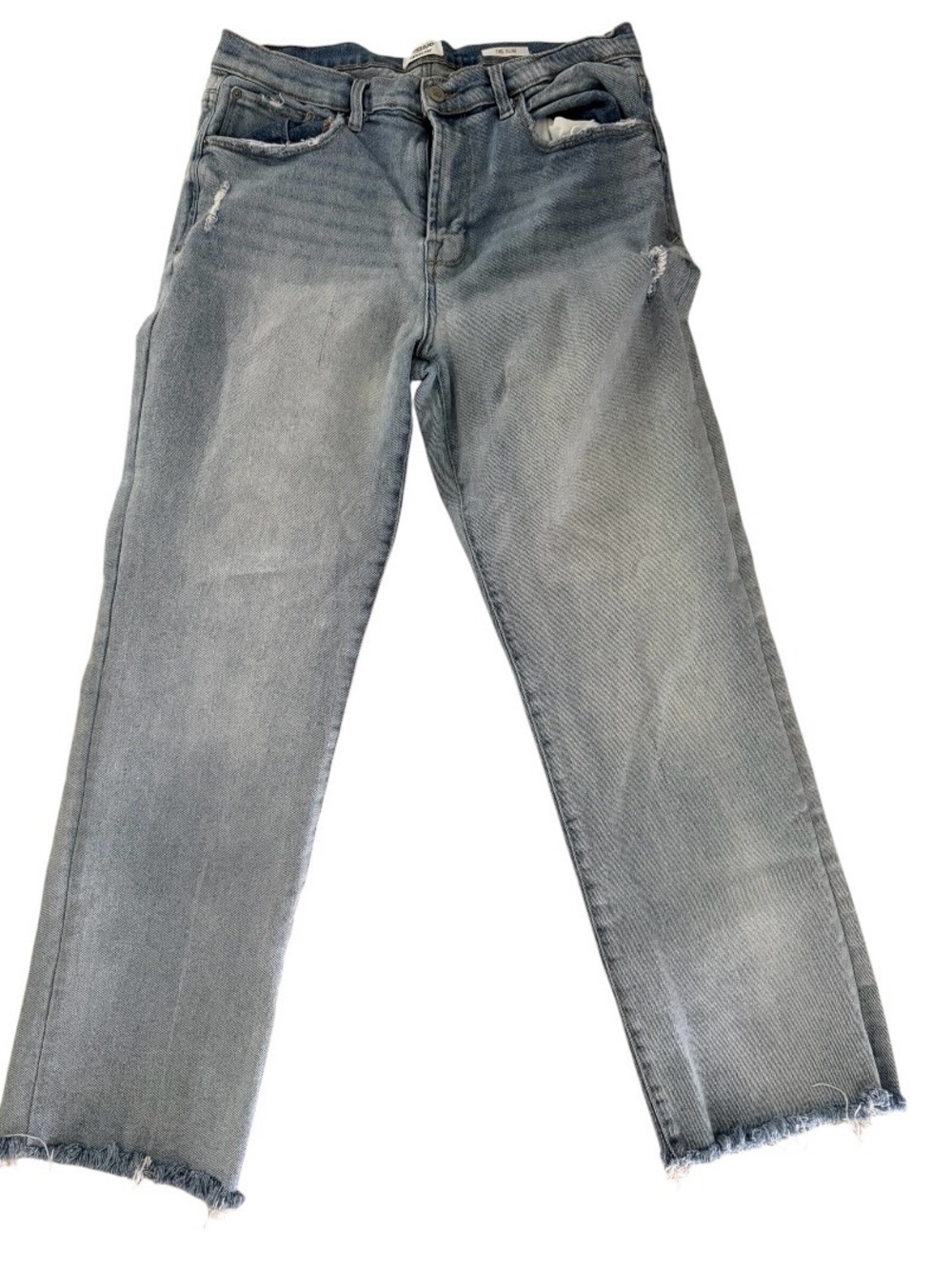 Kensie Light Gray Straight-Leg Jeans with Frayed Hem